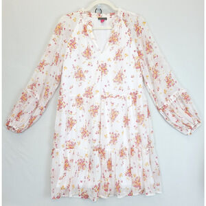 Vince Camuto Short Dress Tired Ruffled Peasant Sleeve Women M White Pink Floral